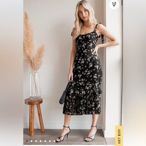 Lulus Terrace Views Black Floral Print Tiered Midi Dress